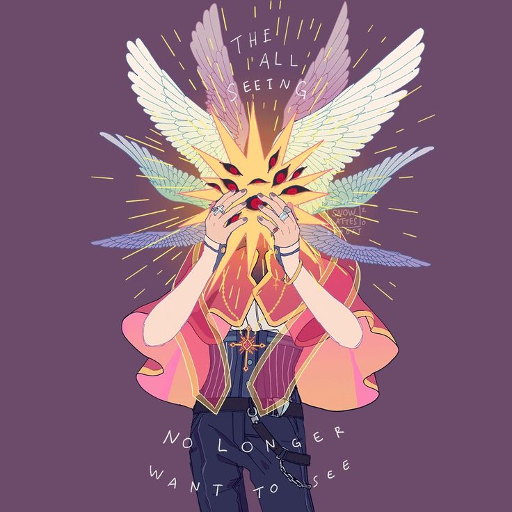 this image shows a humanoid figure with wings surrounding their head, covering their eyes. there are multiple eyes in the wings, symbolizing the allseeing eye of a god. the person appears to be holding their hands in front of their face, as if covering their eyes. the title of the image is "the all seeing", implying a powerful, divine being that can see everything.  the text below indicates the figure no longer wishes to see or witness the events they see.