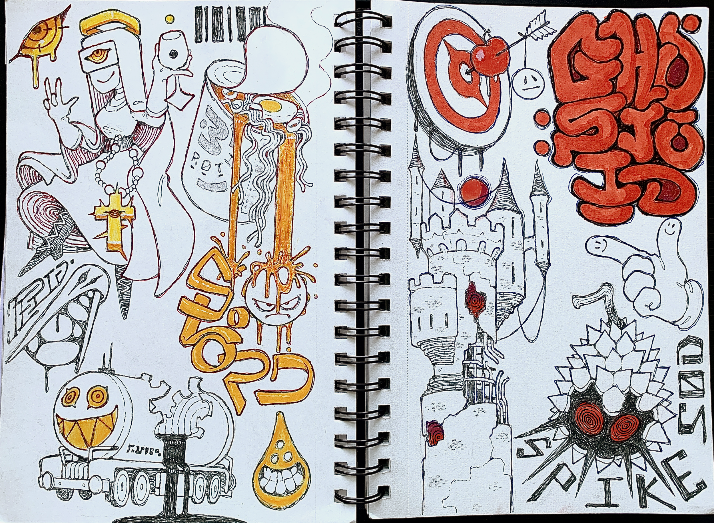 the image shows a whitepage sketchbook opened to a spread with various cartoon and graffitistyle drawings. on the left page, there are several characters and objects depicted in black outline with some filled in with orange and yellow. on the right page, there are more drawings in black, red, and orange. the drawings are whimsical and expressive, suggesting a playful and creative mind.