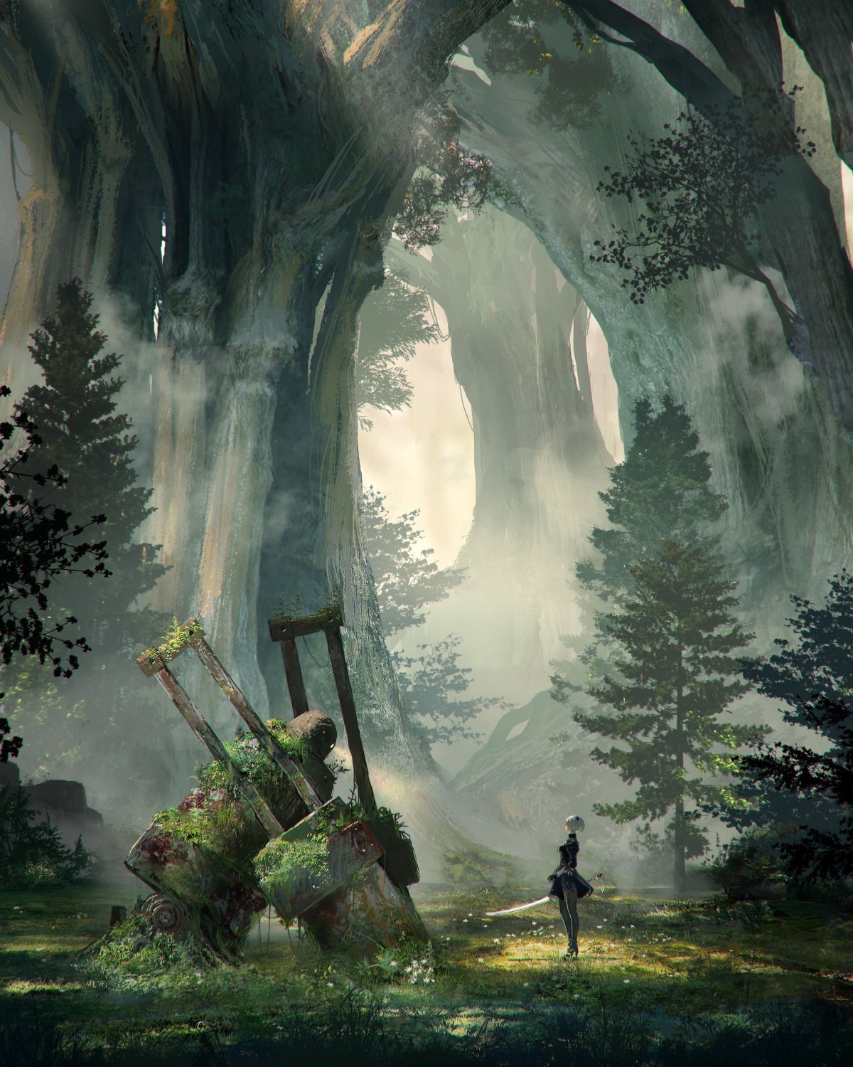 a digital painting of a forest landscape features massive, ancient trees looming overhead, partially obscured by fog. sunlight filters through the canopy, creating a soft, ethereal glow. in the foreground, there are the mosscovered, overgrown ruins of a robot. standing beside the ruins is an animestyle girl in a black dress and boots, holding a sword. the scene evokes a sense of fantasy, mystery, and the passage of time.