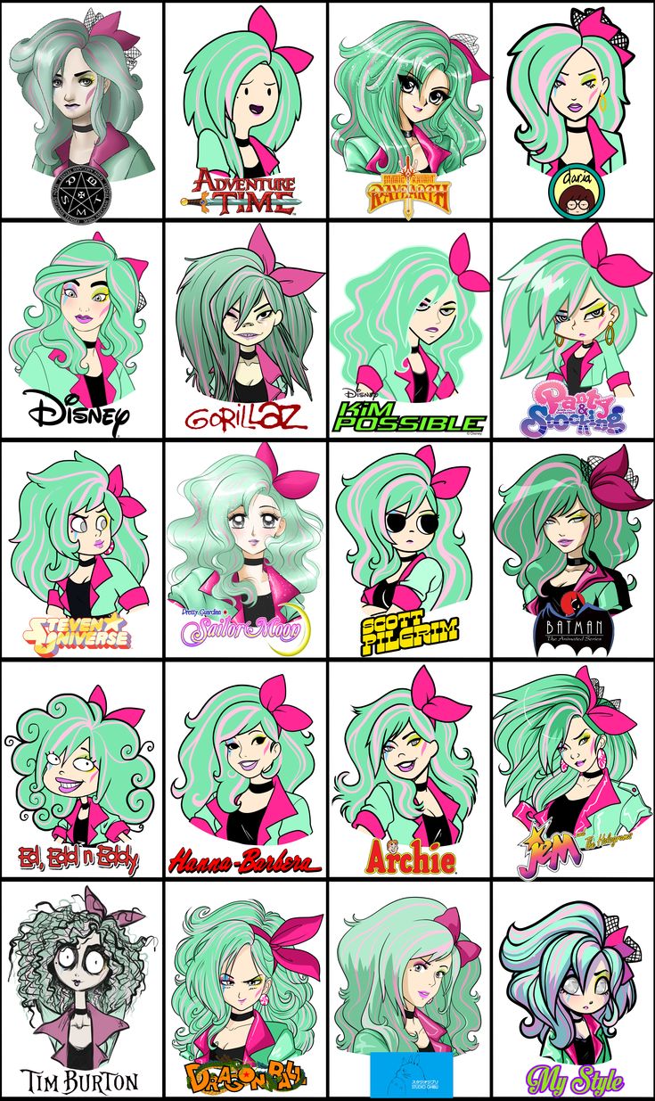 this is an illustration with different versions of a cartoon girl in a pink jacket and green hair from various popular cartoons such as adventure time, disney, gorillaz, kim possible, the powerpuff girls, steven universe, scott pilgrim, batman, ed edd n eddy, mean girls, archie, and  jem and the holograms.  it's a fan art of a girl in the style of different popular cartoon shows.
