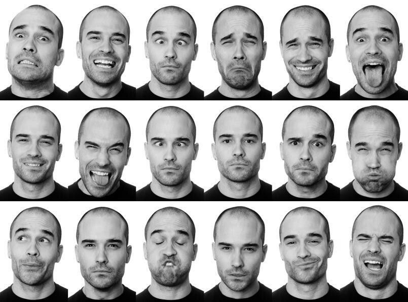 this image showcases a series of male portraits, each displaying a different human emotion. from happy to sad, angry to surprised, and many more, the variety of expressions captured in these images offers a fascinating insight into the human capacity for emotional expression. the consistent lighting and neutral backgrounds emphasize the facial features and emotions, making the collection a compelling study of human expression.