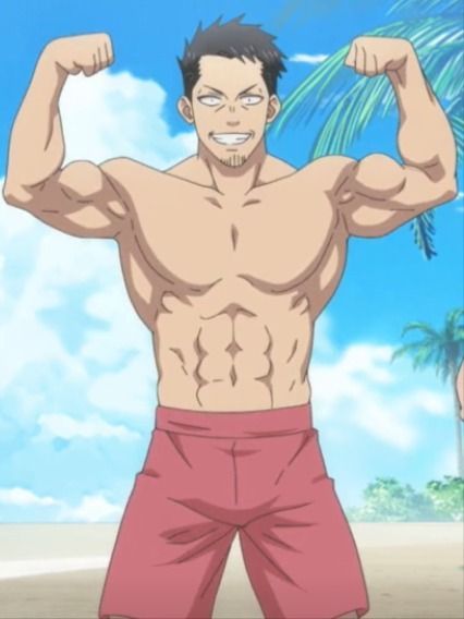 a muscular man in a red swimsuit is flexing his bicep muscles. he is posing on a beach with the ocean in the background. he is smiling and looking confident.  the man is shirtless and has a strong, defined body.