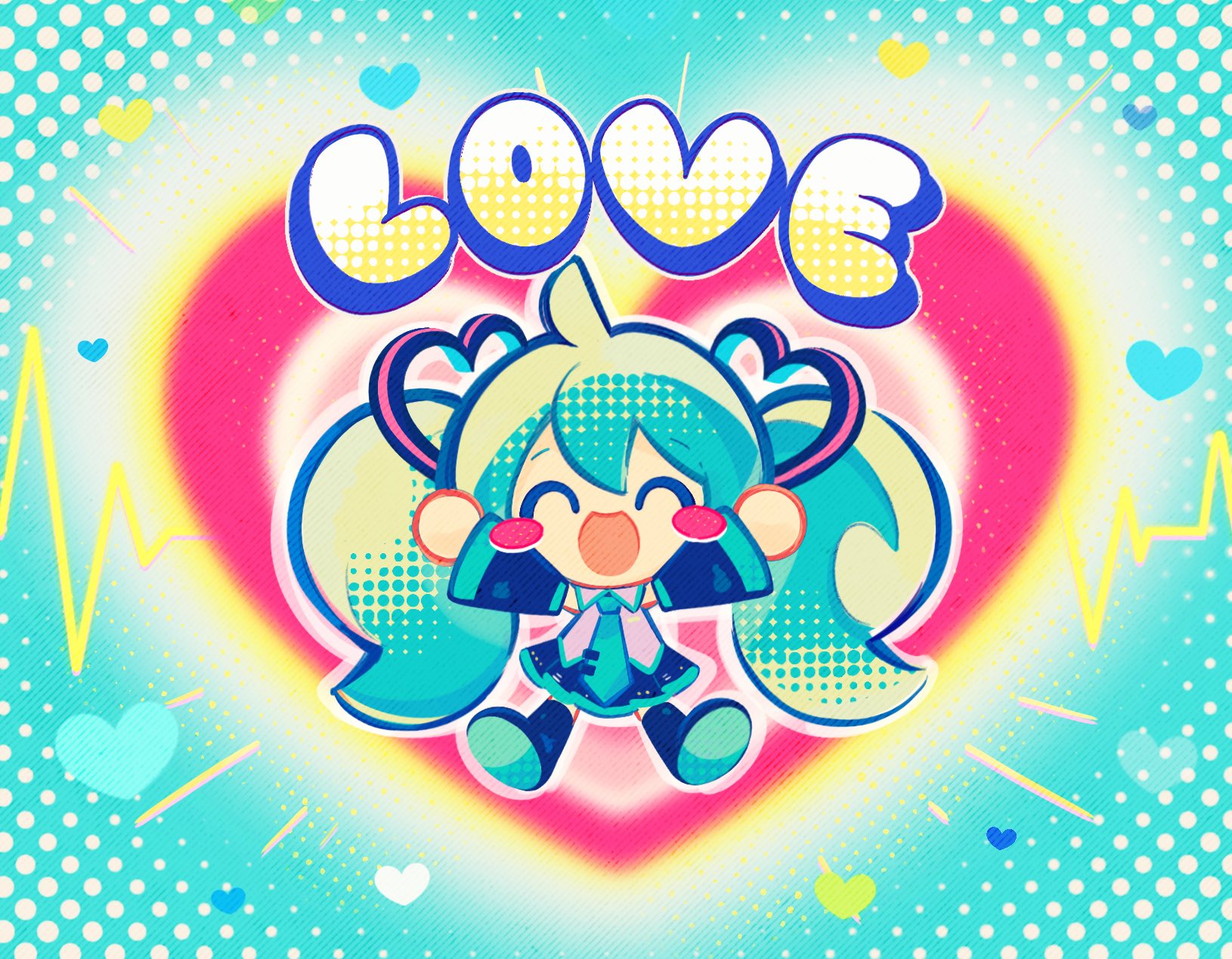 the image is a vibrant and playful digital illustration featuring a chibistyle rendition of hatsune miku, a popular japanese virtual singer.  miku is depicted in a cheerful pose, with large, expressive eyes and a wide smile. she's positioned within a large, stylized heart shape that is surrounded by smaller hearts and other lovethemed graphics.  the word "love" is prominently displayed in bold, cartoonish lettering. the overall style is reminiscent of anime and manga, incorporating bright colors, halftone patterns, and a dynamic energy. the background uses a turquoise dotted pattern with radiating lines and electriclike pulses that amplify the exciting atmosphere.  the artwork is clearly fan art, showcasing miku in a cute and expressive manner that aligns with the overall theme of love and happiness.