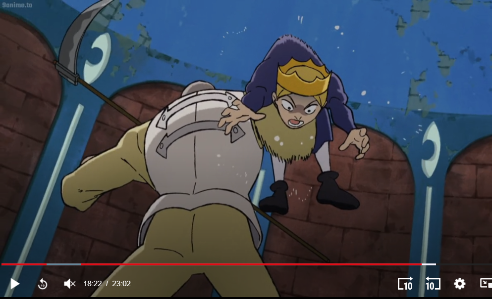 the image shows a scene from an anime. a young boy with a crown is standing on the back of a man in armor. the boy has a scared expression on his face and is holding on to the man's shoulders. the man is looking down at the boy with an angry expression. the scene appears to be taking place underwater, as there are bubbles floating around. the perspective is from a low angle, looking up at the characters.