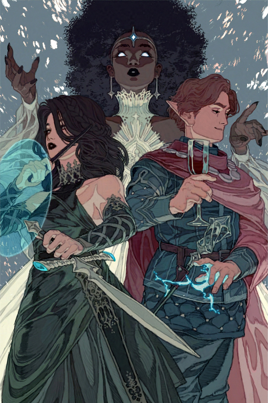 an illustration featuring three figures. on the left, a darkhaired woman in a flowing black dress holds a large sword, a glowing blue aura around her hand. to the right, an elflike man with reddishbrown hair and pointed ears holds a wine glass, a red cape draped over his shoulders, with blue magical energy emanating from his hand. in the background, a darkskinned woman with a large afro and white eyes wears a highcollared white gown and a jeweled crown. two hands with long fingers and fingernails are positioned above the woman with the afro. the background is a mix of light and dark tones, suggesting a mystical or supernatural setting.