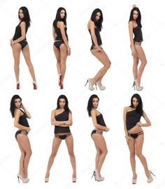 the image showcases eight different poses of the same woman against a clean, white studio background. she is modeling black lingerie  a simple tank top and matching bottoms. each pose highlights her figure
