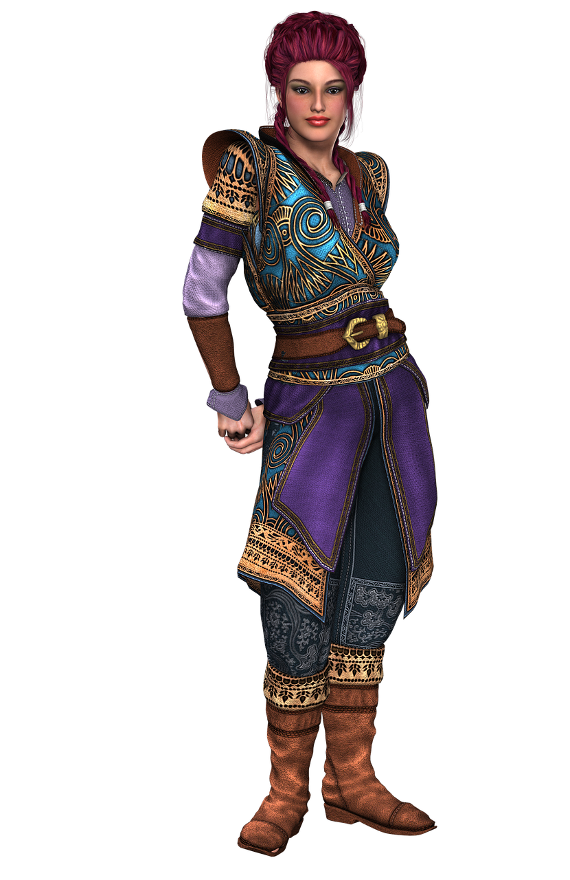 a digitally rendered woman with red hair stands against a black background. she wears fantasystyle clothing including brown boots, dark pants with decorative panels, and a tunic consisting of a purple outer layer with gold trim over a blue and gold patterned bodice. a brown leather belt with a decorative buckle cinches her waist. her attire suggests a medieval or fantasy character.