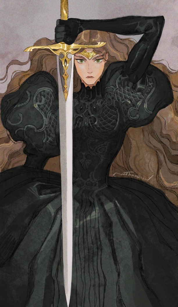 a woman in a black dress and gloves holds a sword in front of her. she has long, flowing brown hair and a dark, mysterious expression. she appears to be a powerful warrior in a medieval or fantasy setting. the image is a dark and elegant illustration that evokes a sense of mystery and power.