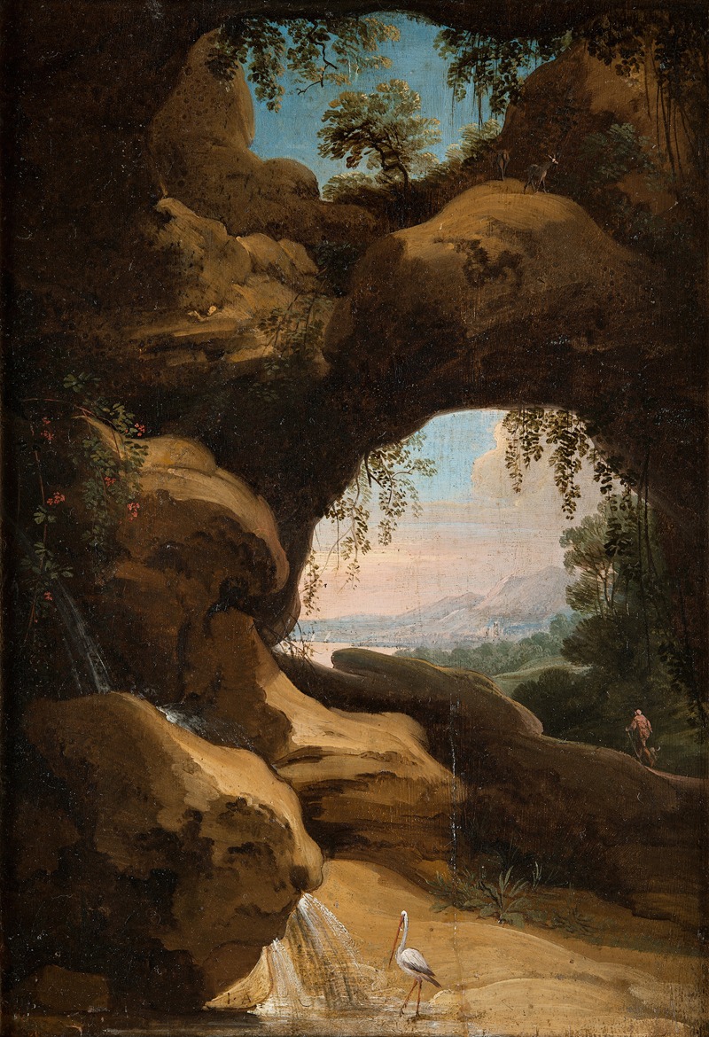 the image is a painting of a landscape featuring a large grotto with an opening that reveals a distant view of mountains and a sky. the grotto is made up of dark brown rocks, with a waterfall cascading down the rocks on the left side. a white heron stands near the base of the waterfall in the foreground. through the grotto's opening, a landscape with trees, mountains, and a blue sky can be seen. a small figure of a person can be seen on the right side of the opening.