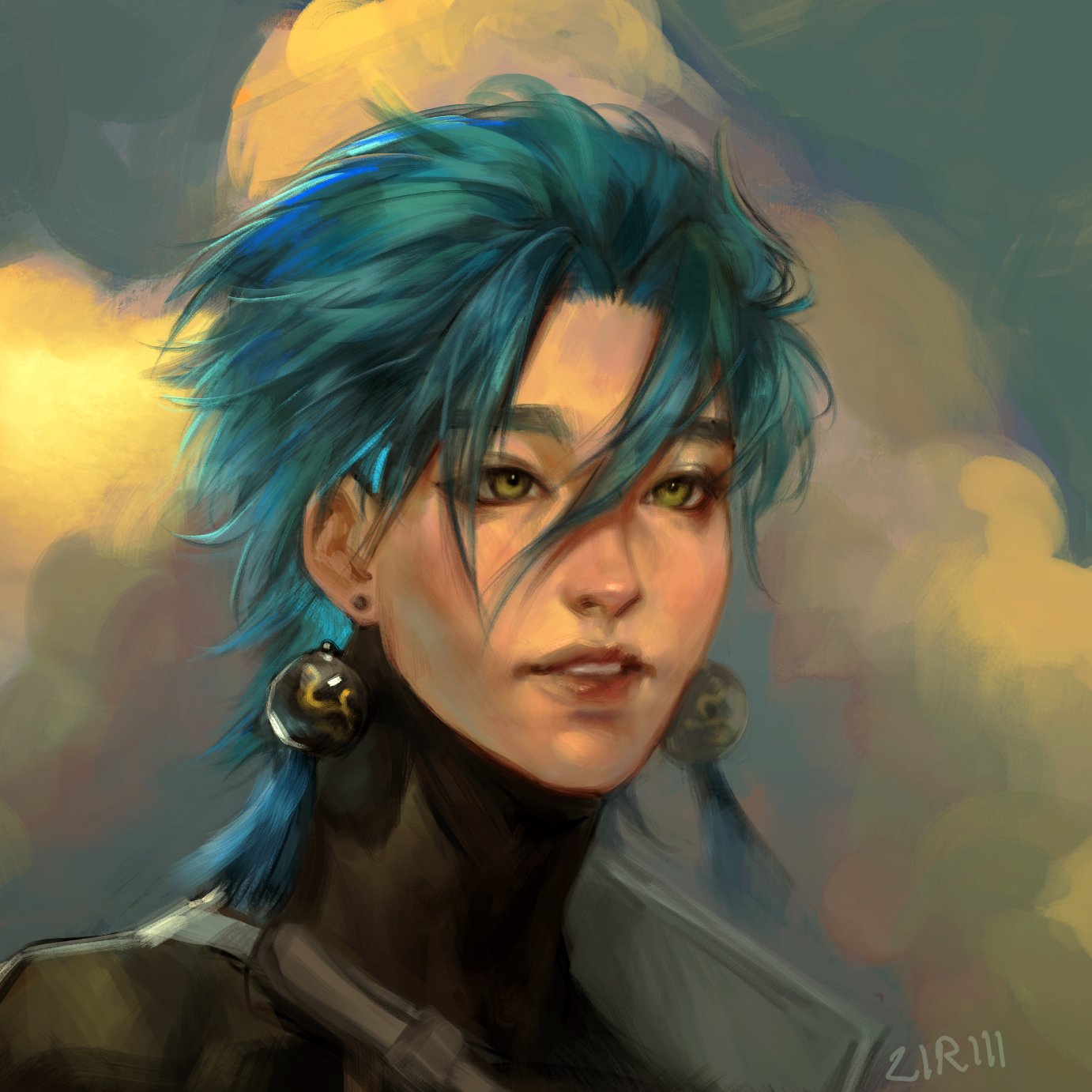 a digital portrait of a person with blue hair and golden eyes. the person is wearing a black turtleneck and earrings. the background is a mix of yellow, blue, and white, resembling clouds. the artwork has a painted, artistic style.