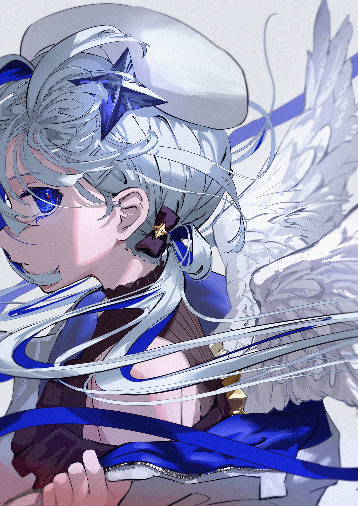 a digital illustration of an anime girl with long white hair and blue eyes. she is wearing a white hat and a blue ribbon. she also has white wings. the background is white.