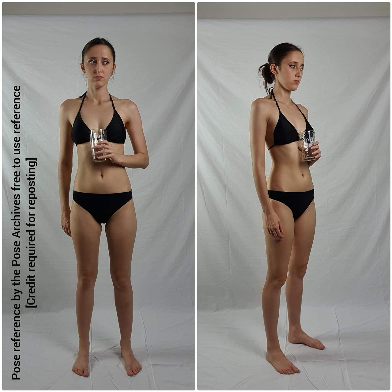 a young woman in a black bikini is standing in front of a white background, holding a clear glass in her right hand. she is facing forward in the left image and slightly turned to the side in the right image. the images appear to be pose references for drawing.