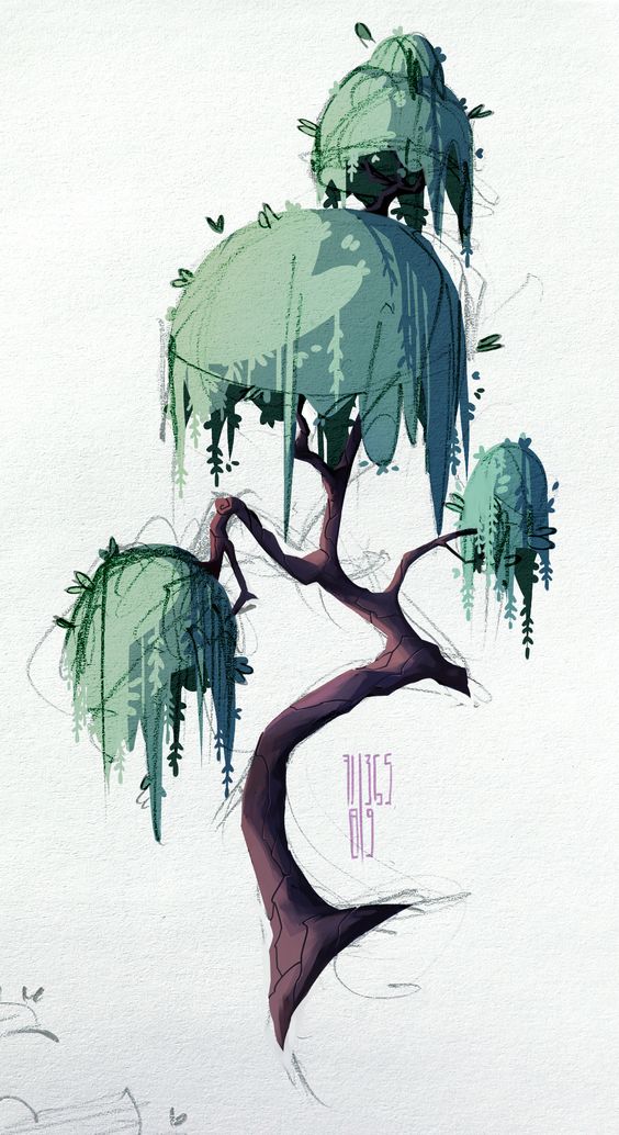 a stylized tree with a curved trunk and rounded, weeping foliage, rendered in muted greens and purples against a white background. the style is reminiscent of concept art or illustration, with visible brushstrokes and a focus on shape and color.