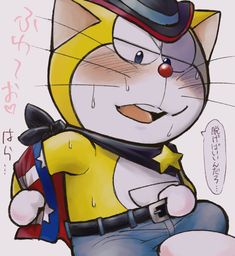 a cartoon drawing of a yellow cat character with a cowboy hat and bandana. the cat is heavily blushing and sweating, conveying a sense of embarrassment or fluster. the drawing style is soft with rounded features.