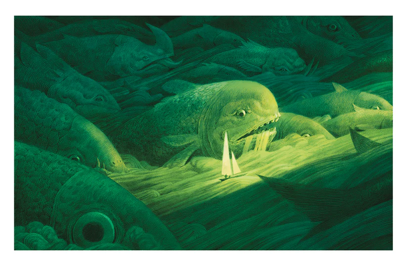 an illustration depicts a small sailboat surrounded by enormous, menacing piranhas in a dark green ocean. the fish have sharp teeth and appear threatening, creating a sense of danger and surrealism. waves crash around the boat, emphasizing its vulnerability amidst the monstrous creatures.