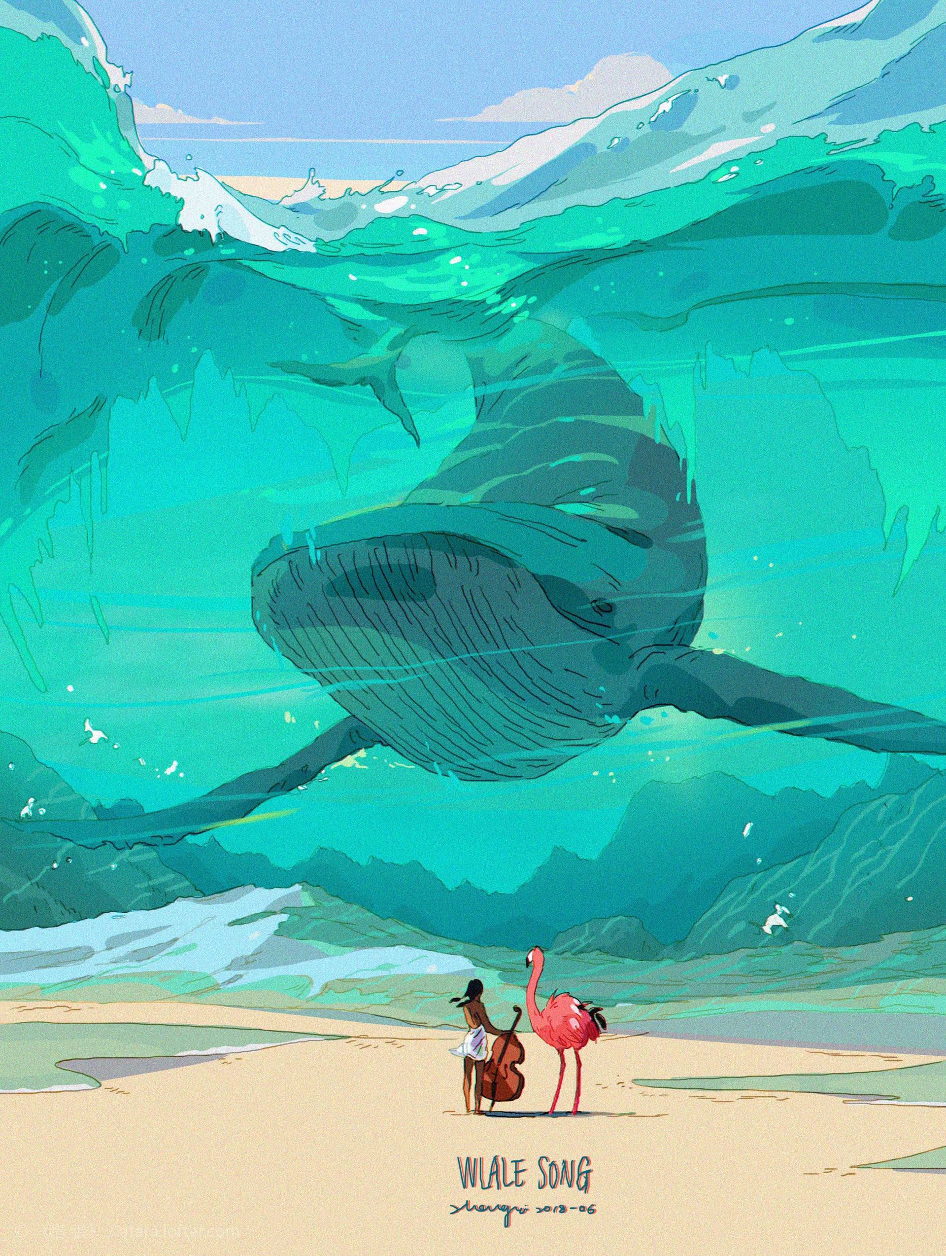 this is a digital illustration of a whale, a girl, and a flamingo. the whale is breaching the surface of the ocean, its tail visible in the air. the girl is standing on a beach, looking up at the whale, and playing a cello. the flamingo is standing next to her, looking up at the whale as well. the background is a blue sky with white clouds, and the ocean is turquoise blue. the image is stylized with a dreamy and surreal quality. the colors are vibrant and the overall mood is one of calm and peace.