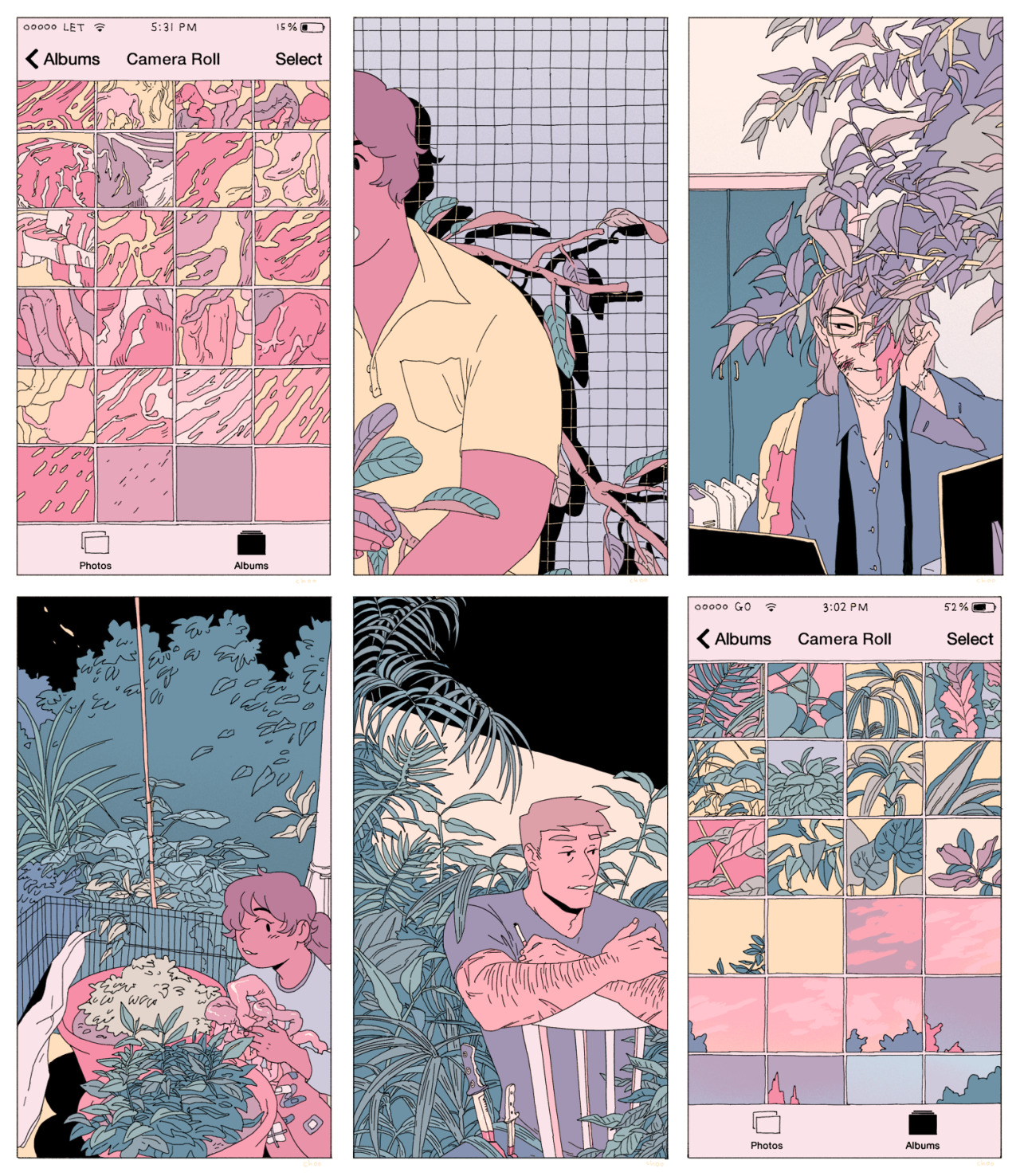 the image is a collage of six illustrations in a soft pastel color palette.  they depict scenes of people, likely a couple, in various intimate settings, often surrounded by lush plants.  the style evokes a sense of romance and quiet moments of connection.