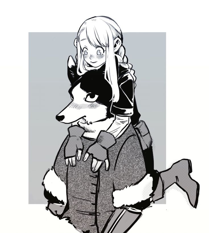 the image is a black and white sketch or drawing in anime/manga style. it depicts a young girl with long hair hugging a large doglike creature.  the girl is wearing winter clothing, including mittens and boots. the creature is also wearing a thick coat with fur trim. they appear to be in a snowy or wintry setting, judging by the clothing. the style is expressive and somewhat whimsical. the overall feeling is warm and sweet.