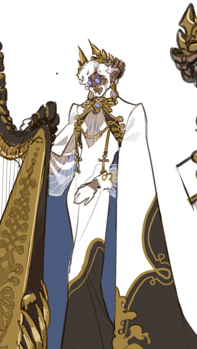 a fantasy illustration of a man standing with a harp. he is wearing a long white robe with gold trim and a crown on his head. his eyes are a deep blue, and he is holding a golden harp in his right hand. the illustration is set against a white background.  the man's eyes are closed, and his beard is neatly trimmed. his face is a bit serious. the harp is ornately decorated and looks to be made of some kind of wood.  the image is detailed and elegant.