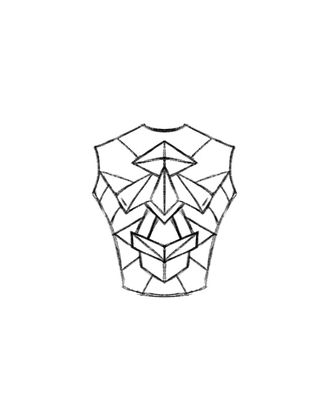 a sketch of a geometric design for a piece of armor, possibly a chestplate or vest. the design features a series of angular shapes arranged in a symmetrical pattern down the front.