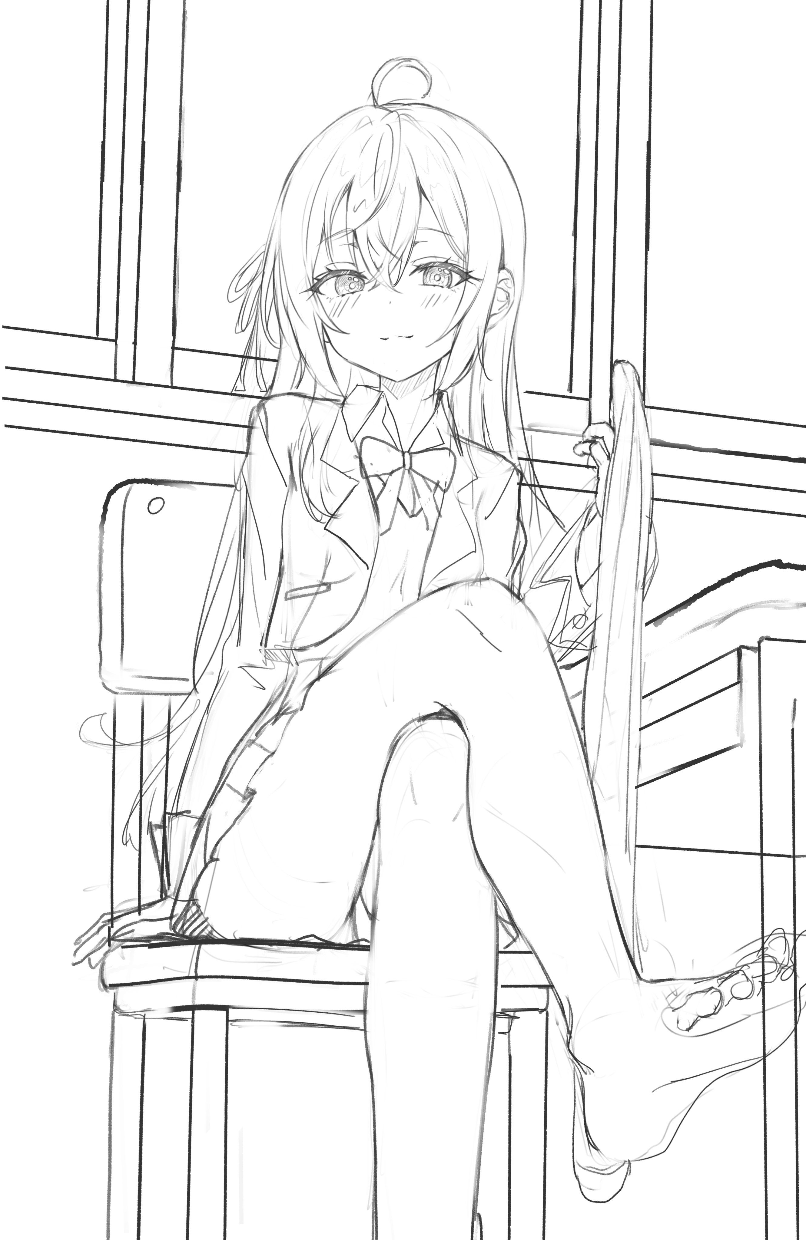 a line drawing sketch of an anime schoolgirl sitting on a chair, holding a skateboard. she's wearing a school uniform consisting of a blazer, skirt, and bow tie. the drawing style is light and sketchy, with visible linework and shading. the overall impression is of a casual, possibly slightly melancholic, young woman. the background is simple, focusing on the character and her immediate surroundings.