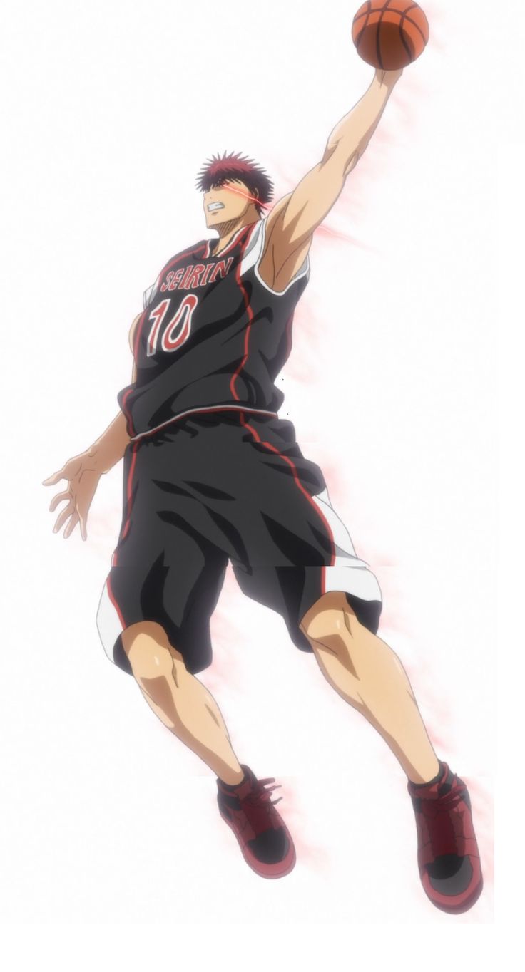 this is an anime illustration of a male basketball player, wearing a black jersey with red accents and red shoes, jumping in midair with the ball in his right hand, his face determined with a powerful red glow behind him. he's in middunk, ready to score.