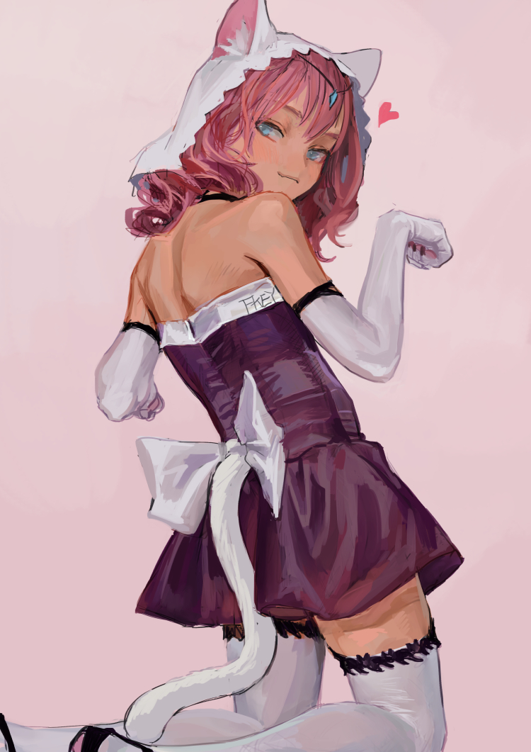 an anime catgirl with pink hair is wearing a purple dress, white gloves, and white stockings with a cat tail and cat ears.