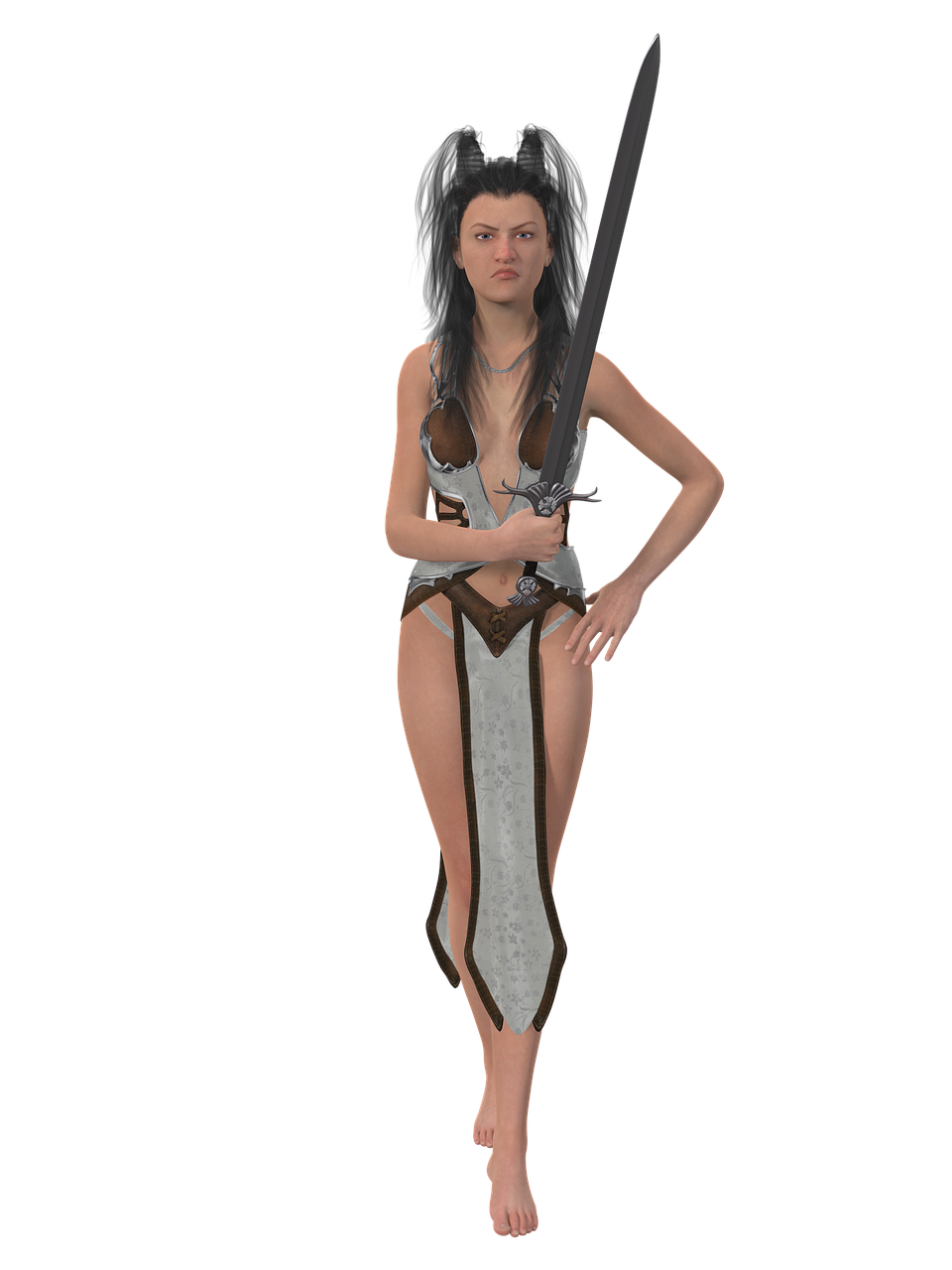a digital rendering of a female warrior holding a sword is set against a black background. the woman has a stern expression on her face and is dressed in a revealing fantasystyle outfit.