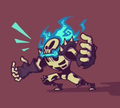 a cartoon skeleton character with blue fire coming out of its head. it has on spiked shoulder pads and boots, and appears to be yelling.