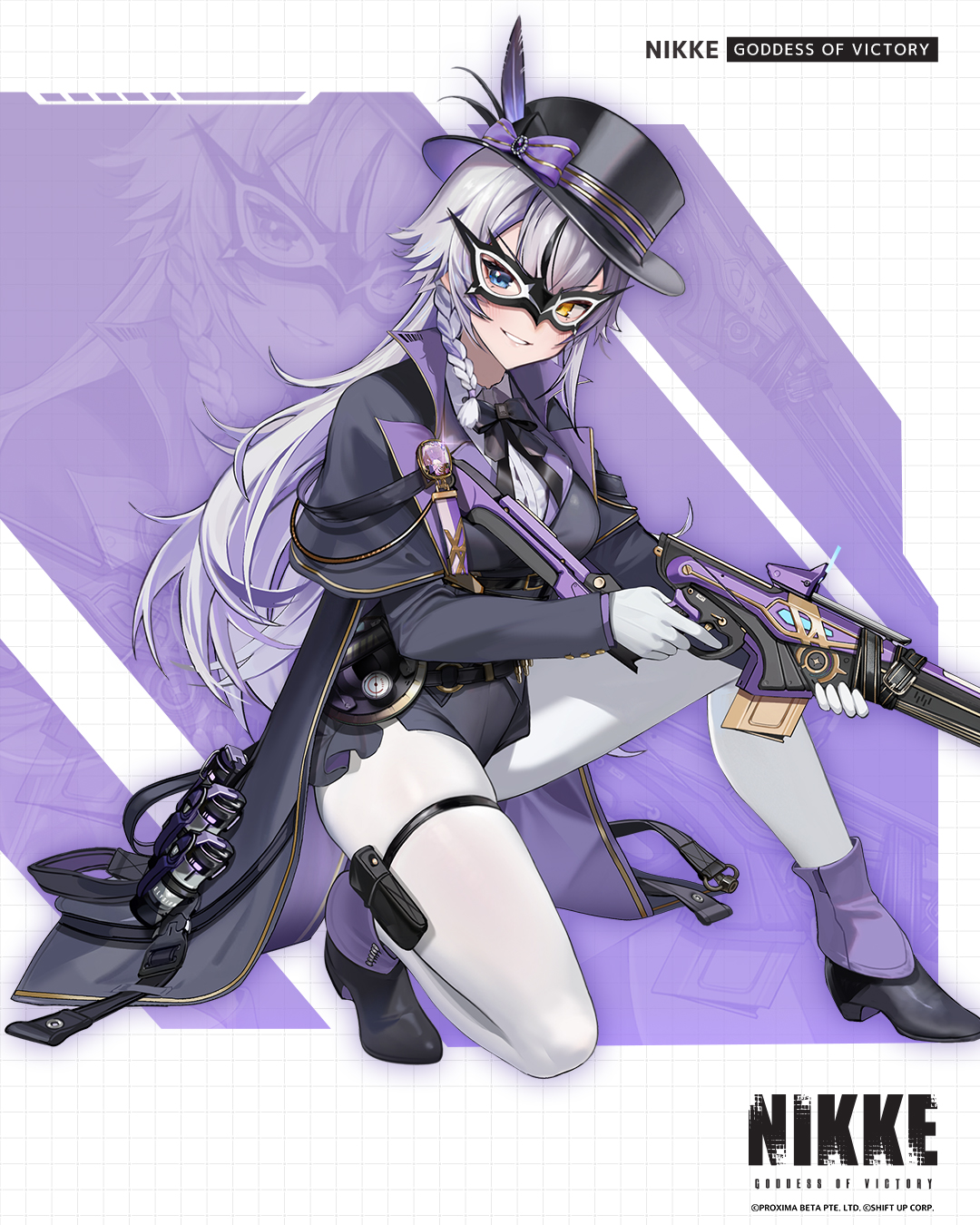 this is a digital illustration of the character nikke from the game "nikke: goddess of victory". she is a young woman with long, white hair and purple eyes. she is wearing a black and gold outfit with a purple hat and mask, and she is holding a large gun in her right hand. she is kneeling on the ground with her left leg bent and her right leg straight. the background is purple with a grid pattern.