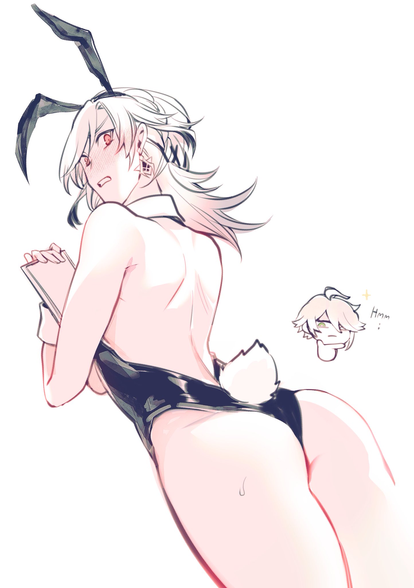 a girl with white hair and large, white, bunny ears  is wearing a black bunny suit.  she is blushing slightly.  she is looking over her shoulder and holding a book with her right hand.  there is a white bunny tail behind her on her left side, and a smaller, blonde girl looking at her from the right, with her mouth open and eyes wide.  the smaller girl has a thought bubble with "hmm" inside of it.  the background is white.