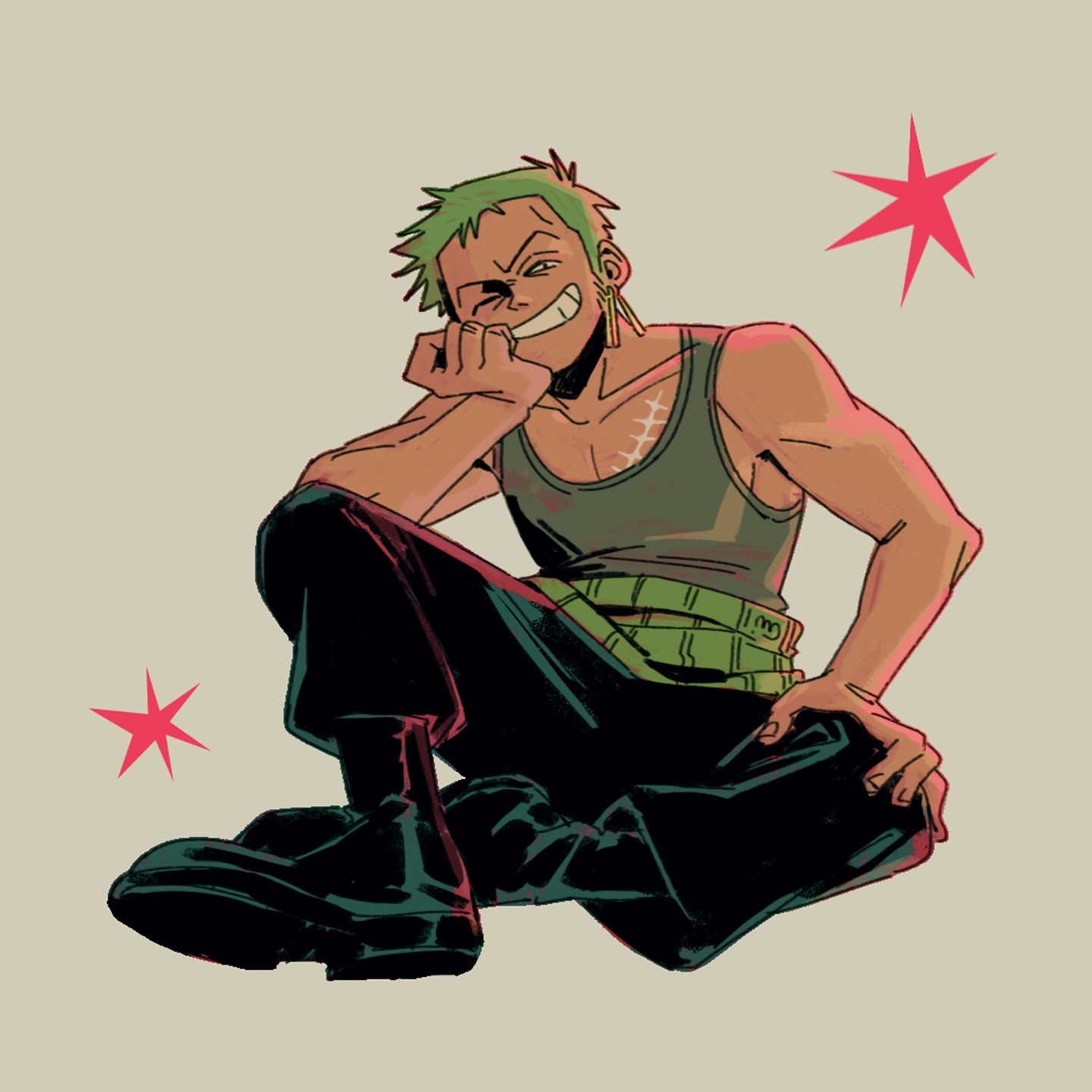 the image is a stylized piece of fanart depicting roronoa zoro from the anime and manga series one piece.  he is sitting with his legs crossed, smirking confidently.  his signature green hair, sleeveless shirt, dark pants, and boots are clearly visible.  the art style is reminiscent of a graphic novel or comic book, with bold outlines and slightly exaggerated features. the background is a muted beige with simple, stylized star shapes.  zoro's scar on his chest and earrings are also detailed. the overall mood is one of playful confidence.