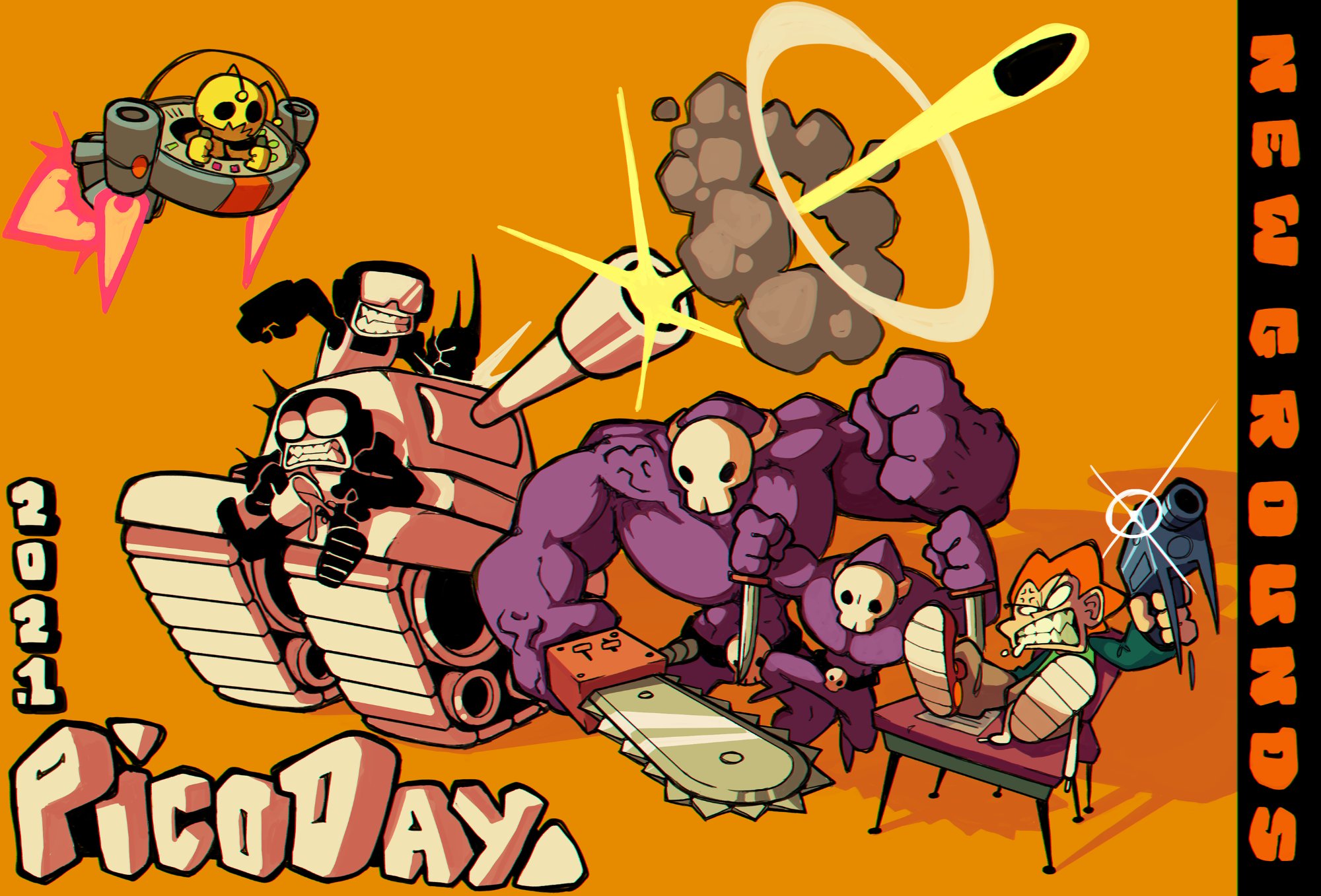the image depicts a chaotic scene celebrating newgrounds' pico day 2021. it features iconic characters from newgrounds' history, including pico, tankman, cassandra, cyclops, and alien hominid. the style is reminiscent of classic newgrounds flash animations, with exaggerated features and vibrant colors. an explosion rocks the background as characters engage in a comical brawl, showcasing the platform's signature blend of humor and action.