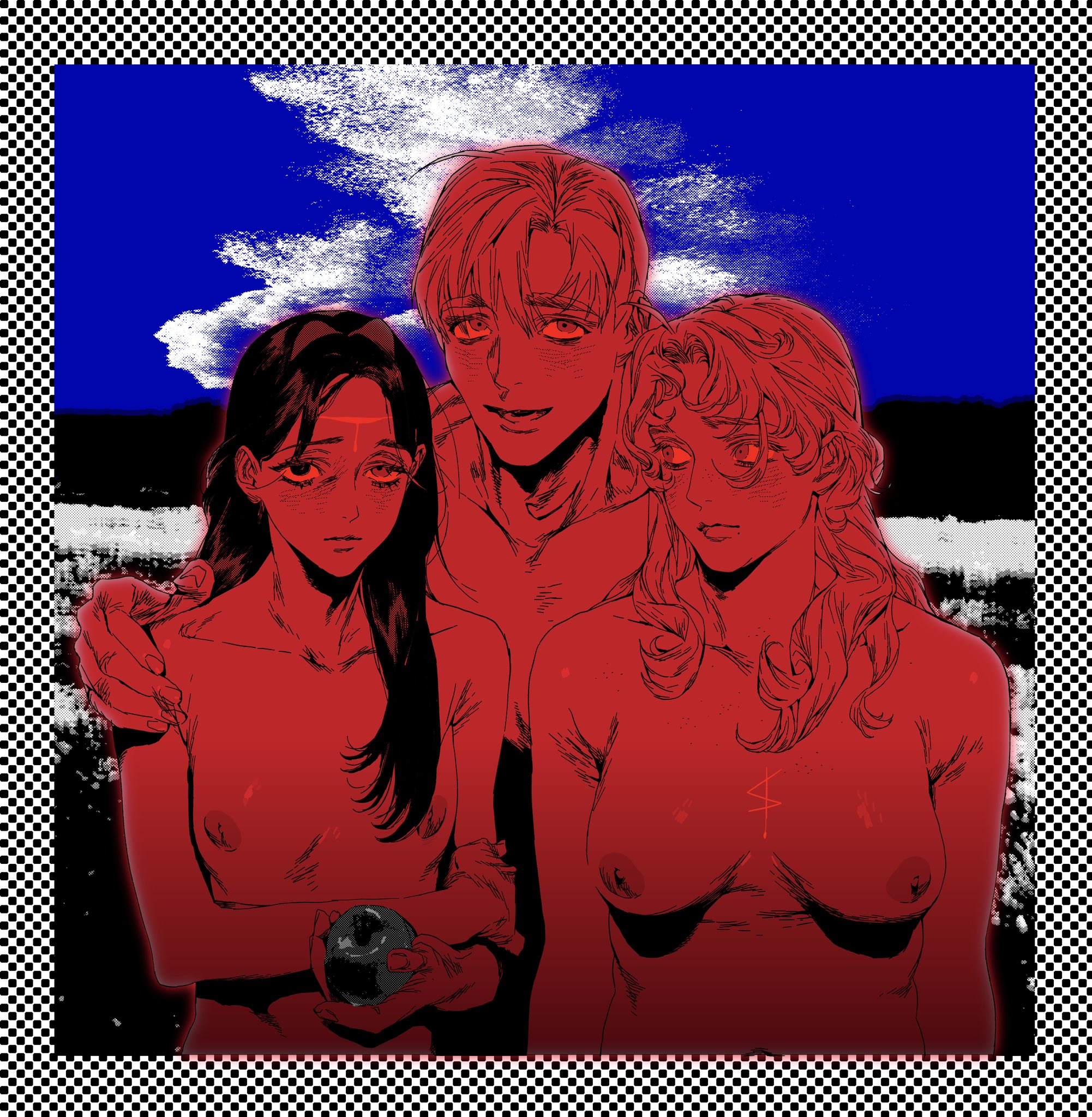 the image is a stylized digital artwork featuring three people against a surreal background. two women are depicted topless with small crosses above their breasts and foreheads. a man stands behind them with his arm around one of the women. the figures are predominantly red, with stark black hair on one of the women. the background features a blue sky with white clouds, above a horizon of black and white. the image is bordered by a black and white checkerboard pattern.