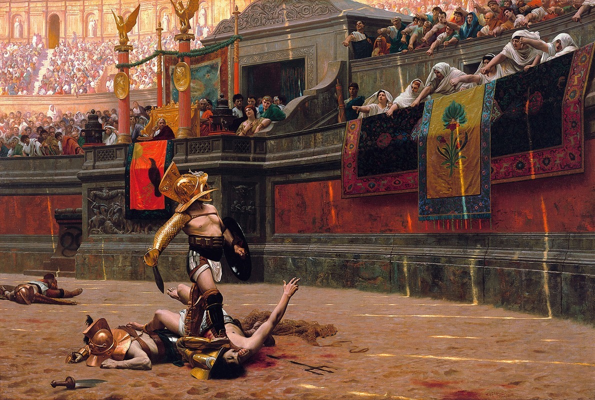 this is a painting by jeanléon gérôme titled "pollice verso", depicting a scene in a roman amphitheater. two gladiators are in the arena, one standing victorious over a defeated opponent who lies on the ground. the victor wears golden armor and a helmet, holding a sword and a shield. the defeated gladiator lies prone, awaiting his fate. the crowd of spectators in the stands is watching the scene intently, some with their thumbs down, signaling for the victorious gladiator to kill his opponent. there is another dead gladiator lying off to the left, in the distance. the painting captures the brutal and violent nature of gladiatorial combat in ancient rome.