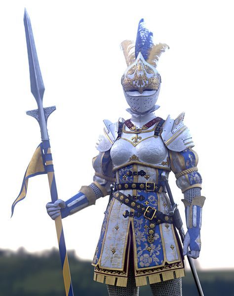 a female knight in white and blue armor with gold accents stands in front of a green landscape holding a spear. she is wearing a helmet with a feathered plume, and is holding a shield on her left arm.  she has a sword strapped to her hip. the armor is highly detailed with many intricate designs. the background is a blur of green, suggesting she is in a forest or field. the knight's determined expression and posture suggest she is ready for battle.