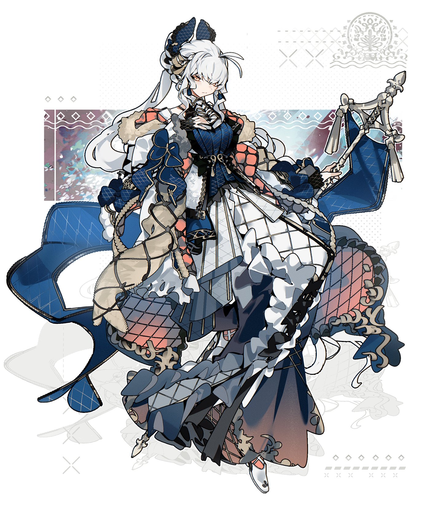 a young woman with flowing white hair, styled with intricate braids, dominates the illustration. her attire, a stunning display of blue, white, and red hues, speaks of elegance and fantasy. the clothing boasts elaborate patterns and delicate details, hinting at a character of power and grace.  in her hand, she holds a staff adorned with tassels, further emphasizing the fantastical nature of the image. the background remains simple, allowing the character to take center stage.
