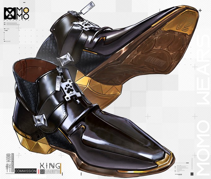 this is a digital illustration of a pair of black leather shoes.  they appear to be men's fashion boots. the illustration has a modern, edgy look, with the shoes appearing to be made of both leather and metal. there's gold detailing on the shoes including the toes, heels, and buckles. the background is white with a blueprintstyle border and grid, adding to the technical and designfocused aesthetic.