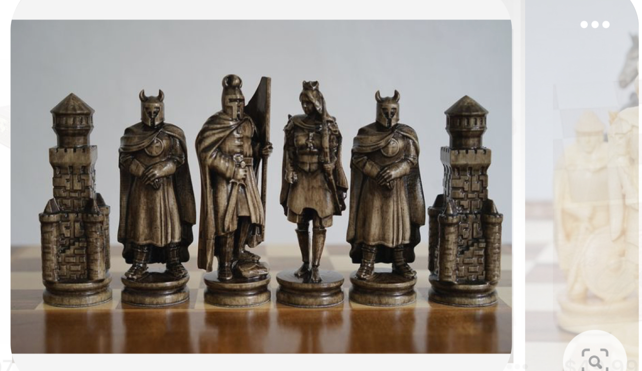 the image showcases a row of intricately carved wooden chess pieces on a chessboard. the pieces depict a medieval fantasy theme, featuring a king, queen, two knights with horned helmets, and two rooks designed as fortified towers. the chess pieces stand out against the dark background, illuminated by bright, natural light that highlights the craftsmanship and texture of the wood.