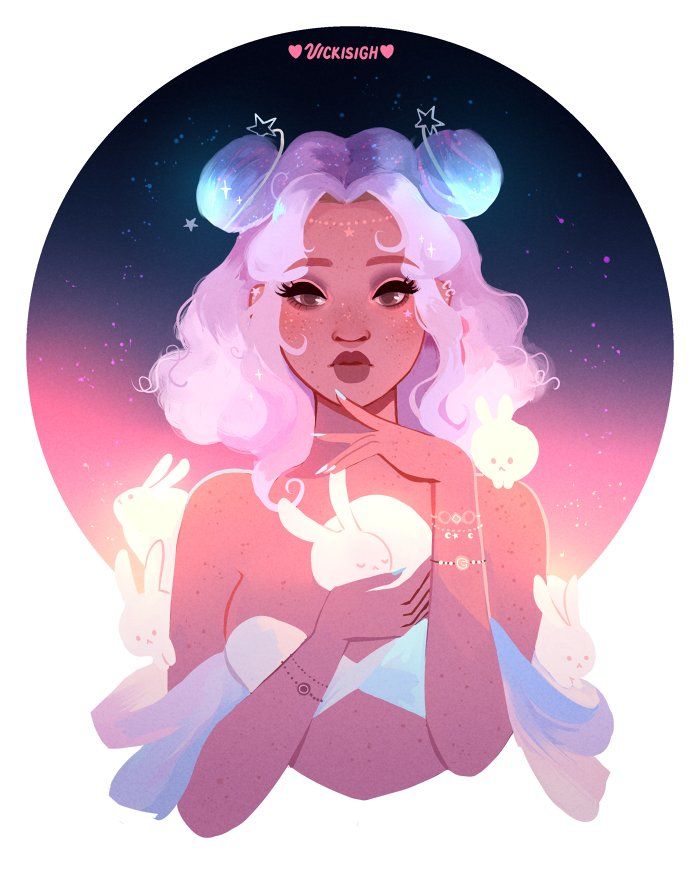 a digital illustration of a young woman with long, pink hair in space buns and galaxythemed hair clips. she is wearing a blue and pink outfit and has a gentle expression on her face. she is surrounded by a number of white, fluffy bunnies. the background is a soft, pink and purple gradient with stars.