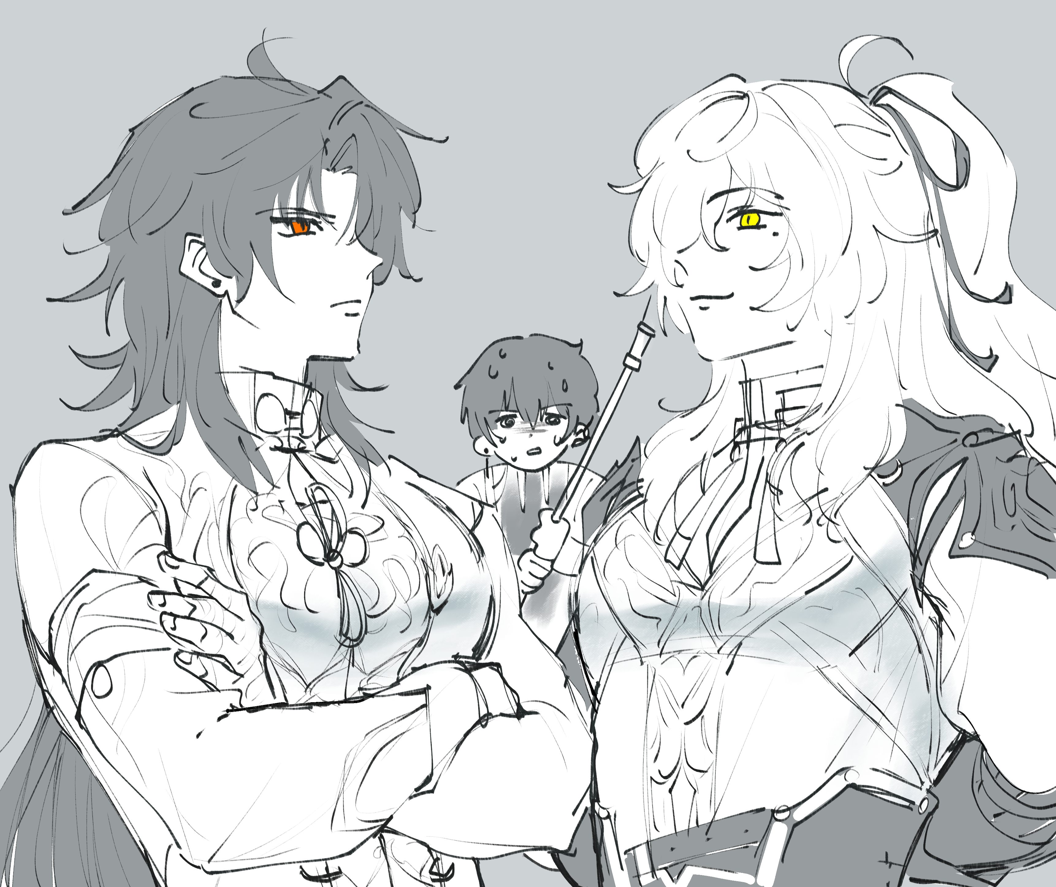 the image is a black and white anime style illustration of three characters. the two main characters are female, one with white hair and the other with black hair. the white haired female is smiling, and the black haired female is looking down with an annoyed expression. the third character is a smaller male character with black hair and a shocked expression, who seems to be holding a stick. the characters are all dressed in casual clothes. they are standing in front of a grey background. the style of the art is loose and sketchy. the image seems to be a scene from a comic or manga.
