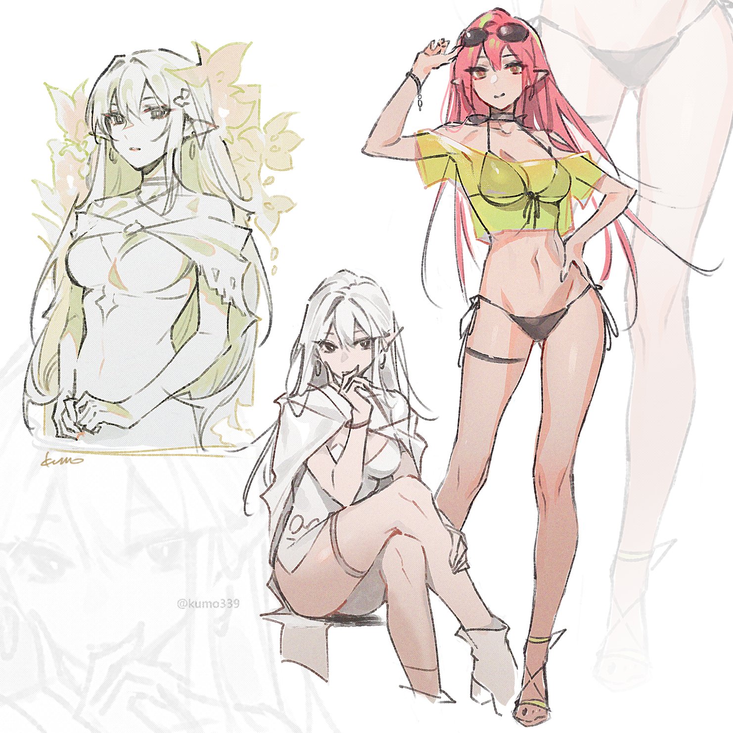 the image is a collection of sketches featuring female characters in an anime style, characterized by their pointed elf ears. the drawings employ a light and soft color palette. the characters are depicted in various poses; one is wearing beachwear and sunglasses, suggesting a summer theme. the artwork is signed "kumo339".