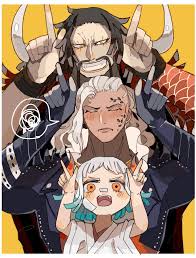 he image is a vibrant animestyle illustration featuring three characters in a dynamic and playful pose. the central figure is a lightskinned person with long white hair, wearing a dark jacket. they are flanked by two other individuals: a darkskinned person with long dark hair and horns, and a small, lightskinned character with white hair and horns, dressed in a kimonolike garment. each character is making a hand gesture which seems to represent a 'rock and roll' type of stance.  the overall style is bold, expressive, and full of energy. the background is a solid yellow, drawing even more focus onto the characters themselves.  the art style indicates it is likely fan art or from a manga or anime series.