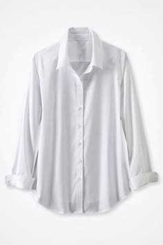 a white longsleeved collared button up shirt. the shirt is plain and casual, with a slightly loose fit. the fabric is soft and comfortable, ideal for everyday wear.