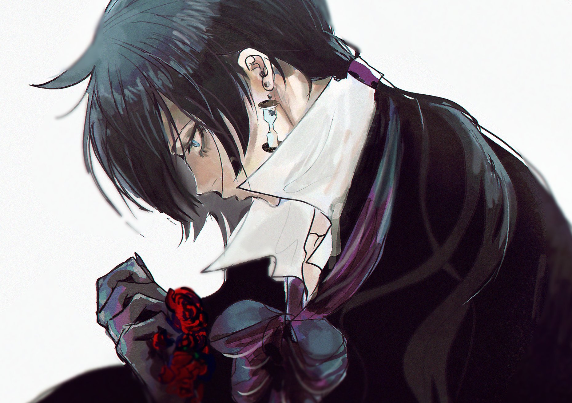 a young anime man with long black hair is shown from the side, he has an hourglass earring, a black suit with a purple bow tie, and a black glove holding three red roses.  he appears sad with a tear running down his cheek.