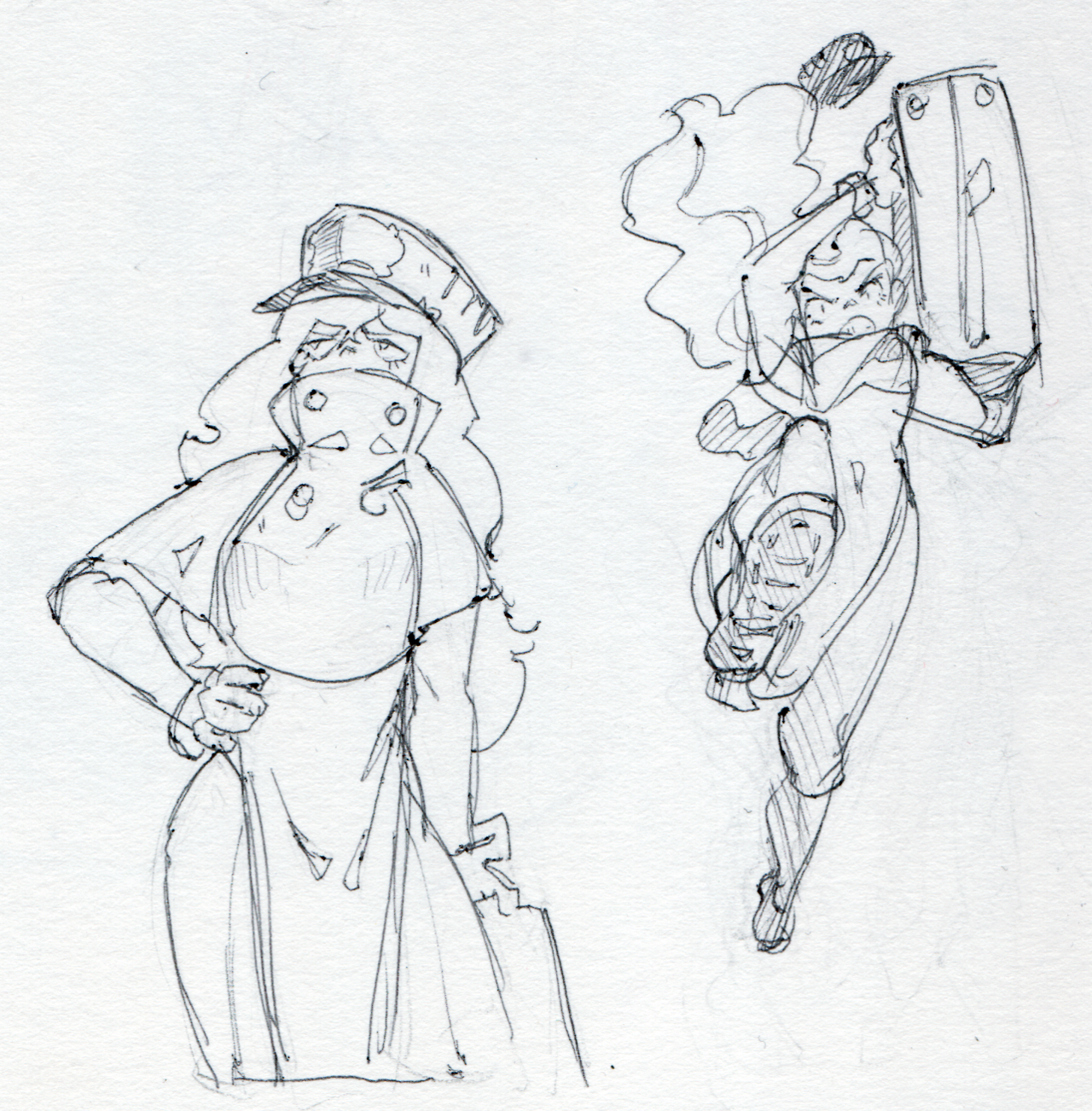 a handdrawn sketch of two women in different styles, one in a classic style and the other in a more modern style, with one holding a large weapon. both women are drawn in a minimalist style.