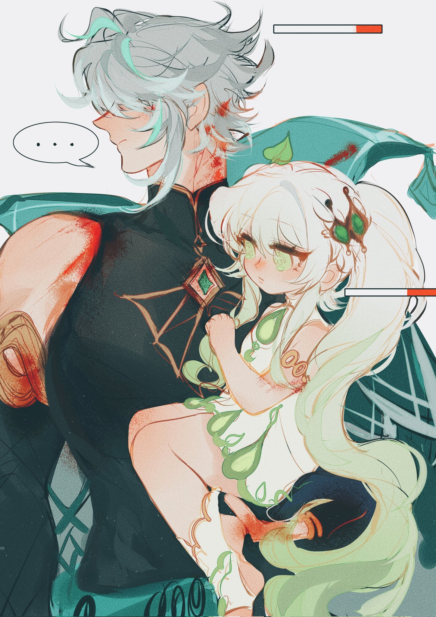 he image is a digital fanart depicting albedo and qiqi from the video game genshin impact. albedo is depicted with injuries, blood stains visible on his clothes and arms, holding a seemingly uninjured qiqi. qiqi is dressed in a pale green and white dress with a leafy design. albedo's expression appears stoic or tired, while qiqi's expression is gentle and peaceful. the art style is soft and painterly, using a palette of greens, whites, and muted tones.  the background is mostly white with subtle hints of color.  a speech bubble with ellipses suggests dialogue or thought. the overall mood is melancholic, hinting at a possible story or narrative.