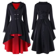 a black gothic high low dress with red trim and lace details. the dress is longsleeved and has a fitted bodice. it features a high neckline and a low back. the dress is perfect for a gothic or steampunk event.