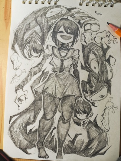 a pencil drawing of an anime girl with dark hair and eyes, wearing a white shirt and a black skirt. she is surrounded by shadowy figures that appear to be monsters or demons. the girl is smiling, but the overall atmosphere of the drawing is dark and spooky. the drawing is done in a detailed and realistic style, with a focus on the shadows and the contrast between light and dark.