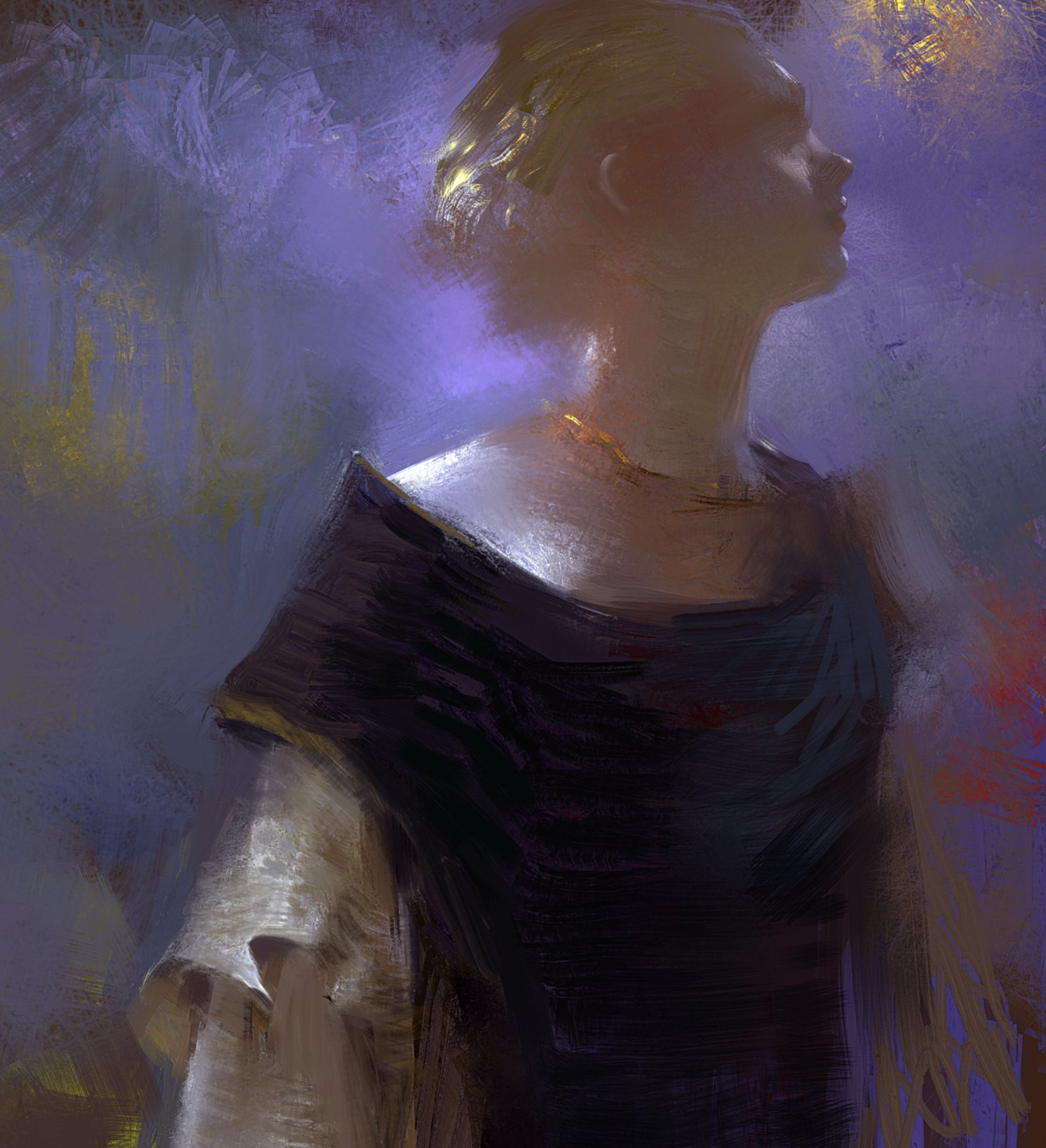 a digital painting of a woman with blonde hair. she's wearing a dark purple dress with a gold chain necklace, and she's looking off to the side. the background is a soft, ethereal purple and gold, with a hazy quality. the painting is done in a soft, dreamy style. the image conveys a sense of mystery and elegance.